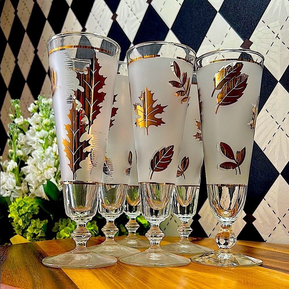 Vintage Libbey 22k Gold Maple Foliage Pilsner Glasses Set of 6| Mid Century Bar